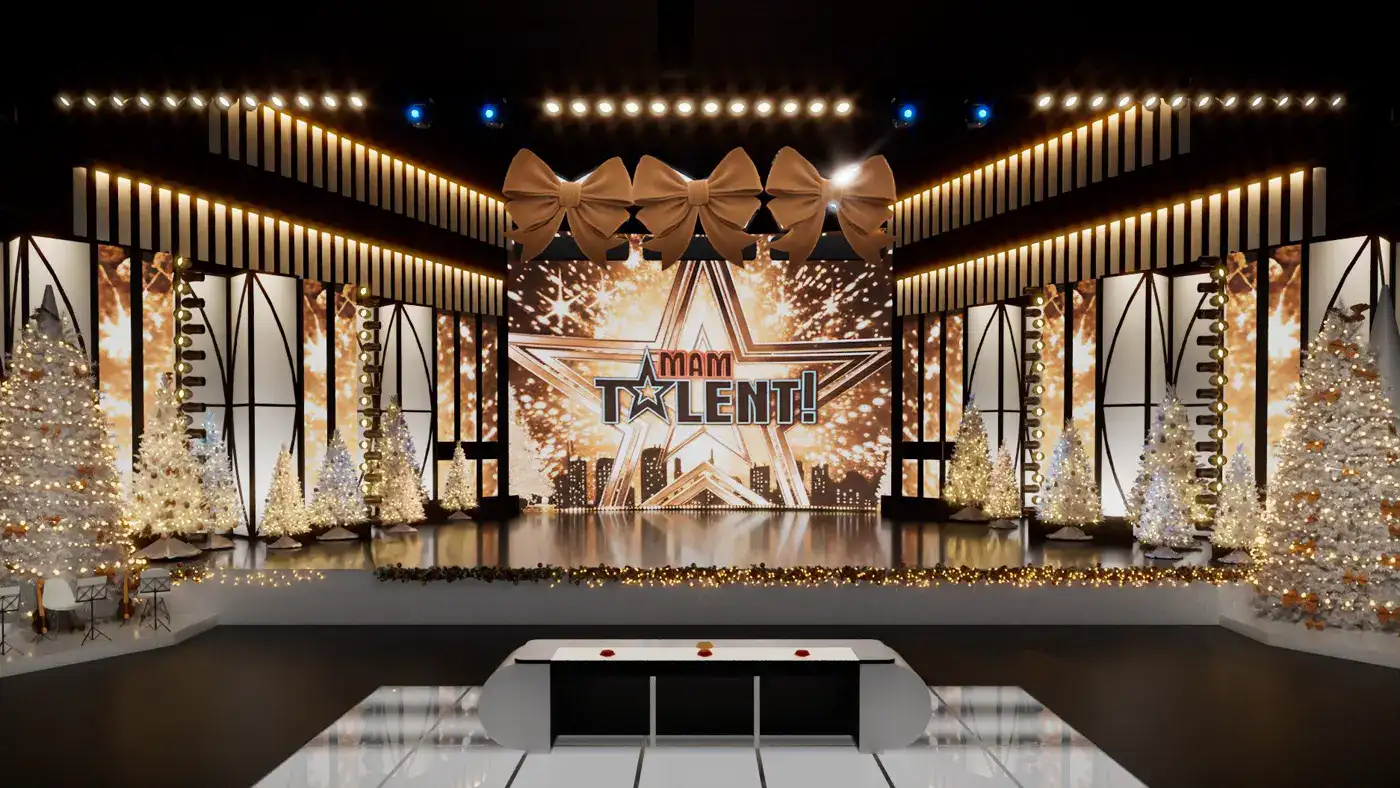 Wizualizacja 3D świątecznej sceny Mam Talent z choinkami i logo na gwieździe